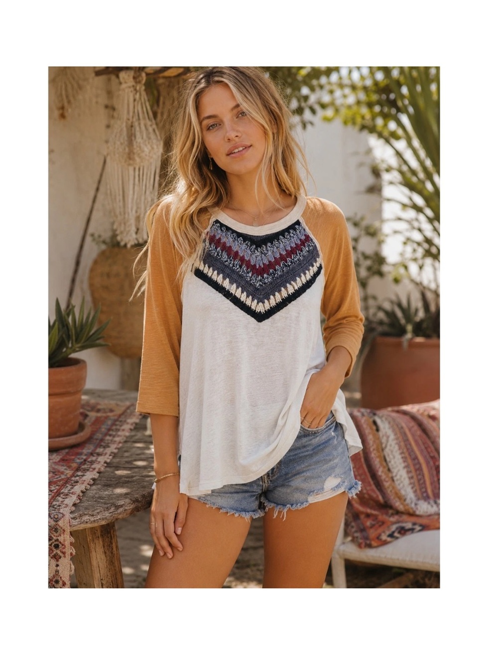 FP We The Free Spring Bound Crochet Raglan Top Boho Earthy Cowgirl Western XS